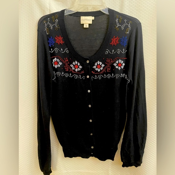 Sweaters - DKNY black cotton button down cardigan with beading size Large
